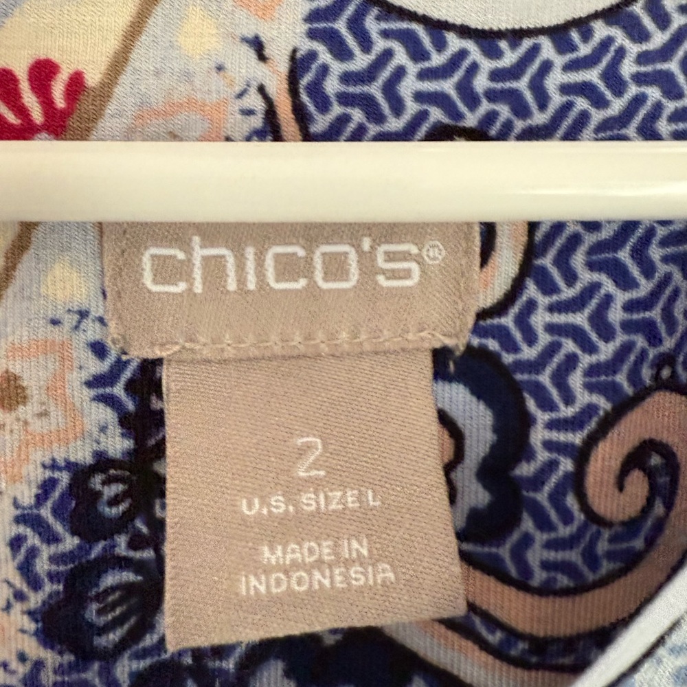 Chicos 2 L Paisley Floral Print Long Sleeve V Neck Tunic Top Blue - Picture 2 of 3